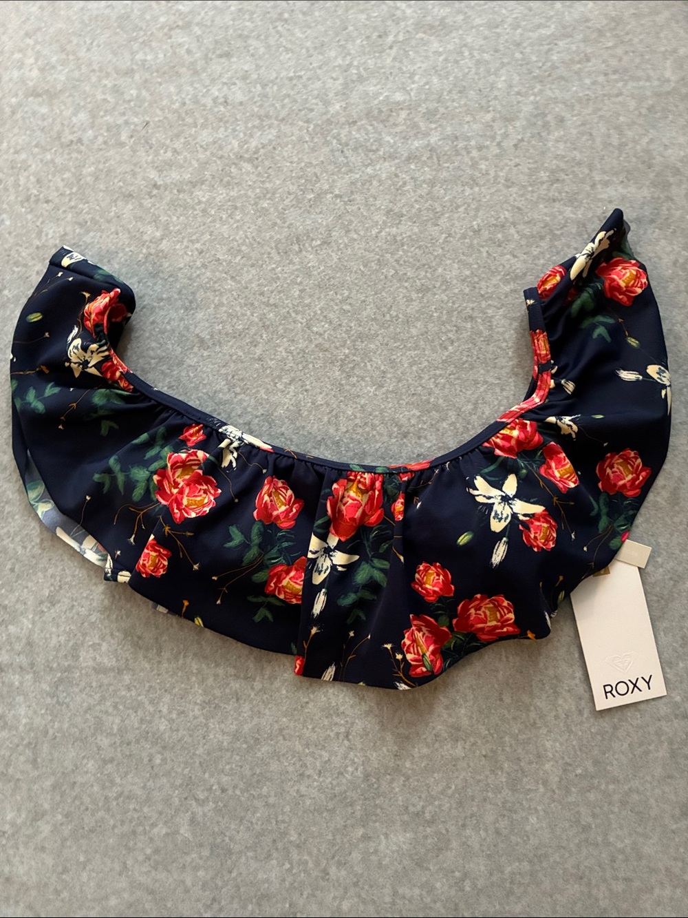 Roxy Navy Floral Off-Shoulder Ruffle Bikini Top NWT